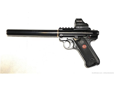 Suppressed slant grip Ruger Mark 4 with universal suppressor and red dot