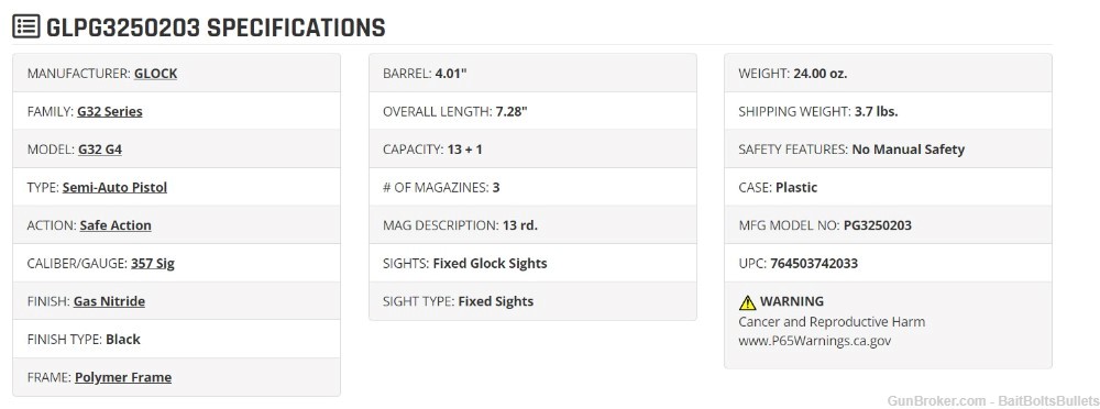 Glock G32 Gen 4 357 Sig 13+1 4.01" W/ 3 Mags NIB Penny Start-img-1