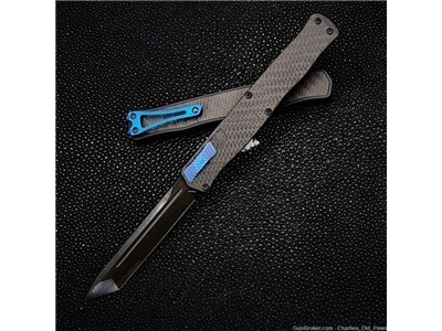 HERETIC CLERIC 2 OTF AUTO TANTO EDGE CARBON FIBER TOP & INLAY BLUE HARDWARE