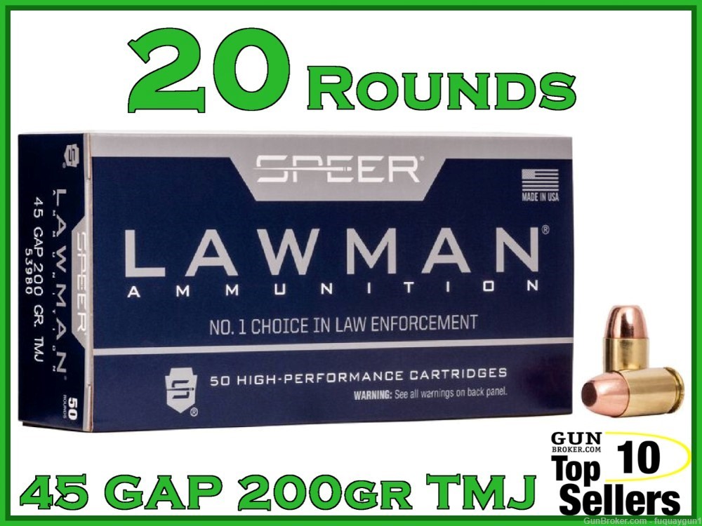 Speer Lawman 45 GAP Ammo 200gr TMJ 53980 Speer-Lawman 45-GAP Ammo-img-0
