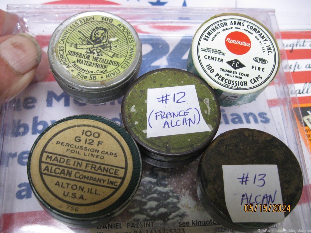 Scarce Tins of # 12, size 56, G12F percussion caps, 100  per tin U pick one-img-2