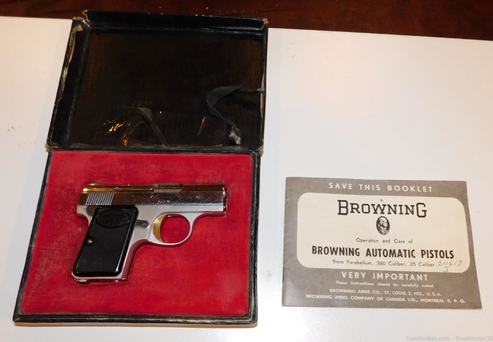 Baby Browning 25 ACP 6.35 Nickel Belgium 1960 Factory Box Pocket Gun-img-0