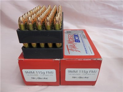 9mm LUGER AMMO  SKY QUAKE PREMIUM PISTOL  100rds PER BOX 300rds TOTAL.