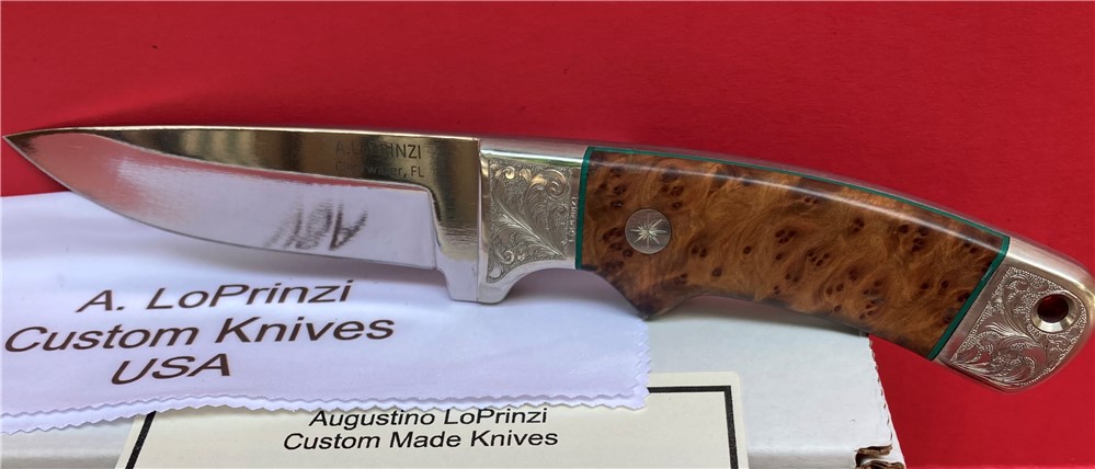 LoPrinzi Custom Thuya Burl Engraved Hunter Knife Laced Leather Sheath-img-1