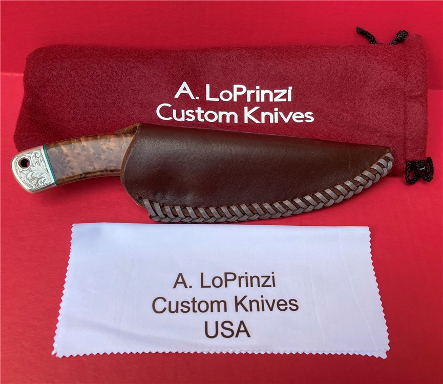 LoPrinzi Custom Thuya Burl Engraved Hunter Knife Laced Leather Sheath-img-13