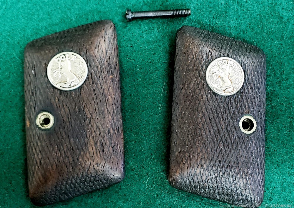 COLT 1908 Vest Pocket Grips Pre War checkered Wood Colt silver medallion-img-0