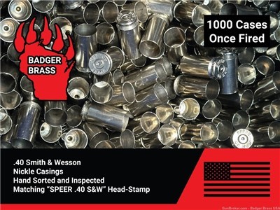 .40 SW Once Fired Nickel Brass,1000 Casings, Matching Speer Head-stamp