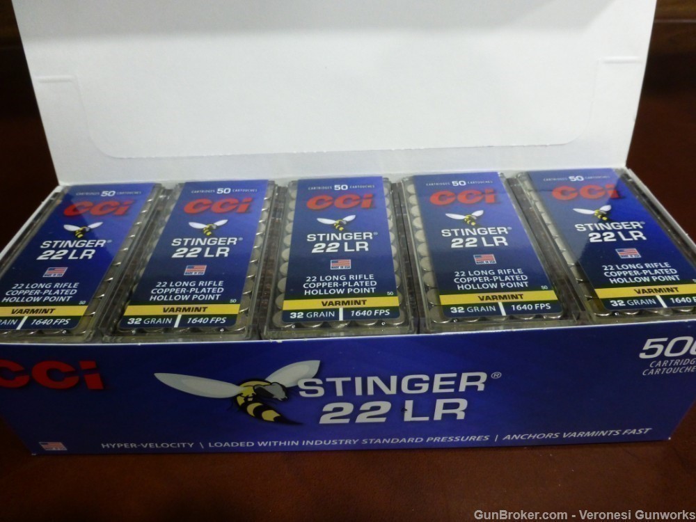 CCI STINGER 32gr 500rd Brick HYPER VELOCITY HP 10 50rd Boxes .22 LR BULK-img-1