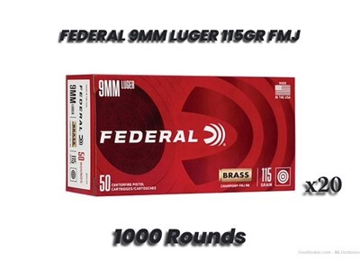 Federal Champion Handgun Ammunition 9mm Luger 115 gr FMJ 1125 fps  1000rds