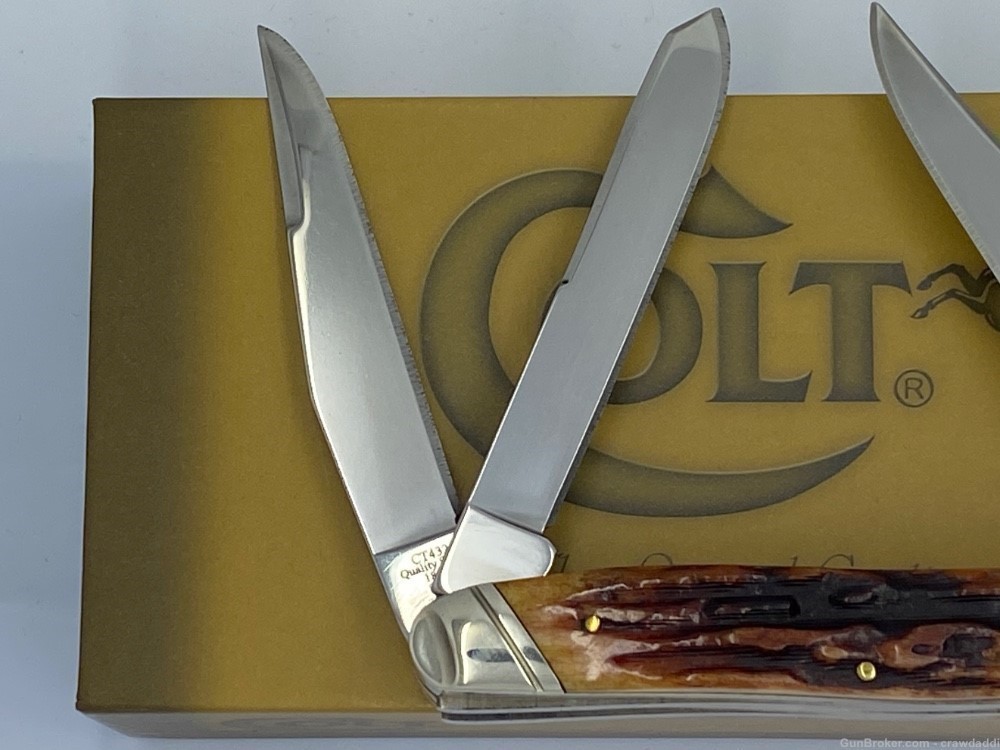 Colt CT432 Large 4 Blade Muskrat Brown Bone Stag Pocket Knife NOS w Box-img-5