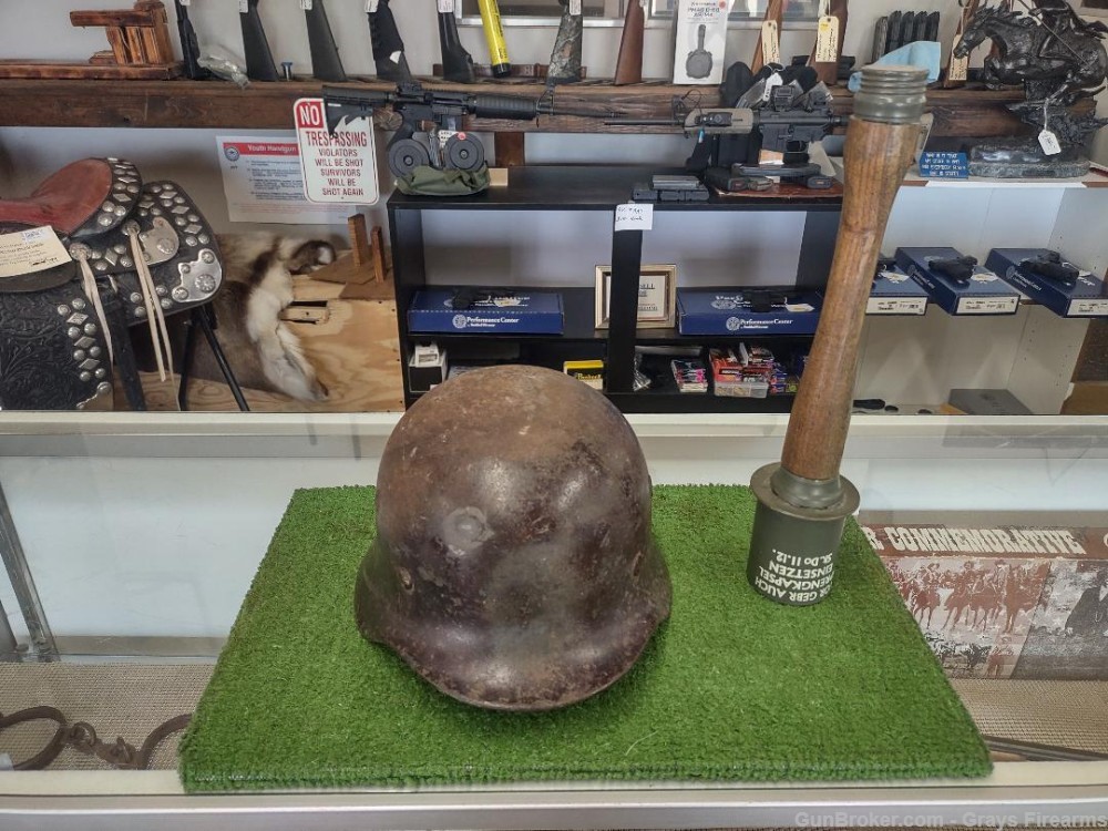 AUTHENTIC WORLD WAR II GERMAN M 42 HELMET & HAND GRENADE (DE-ACTIVATED)-img-0