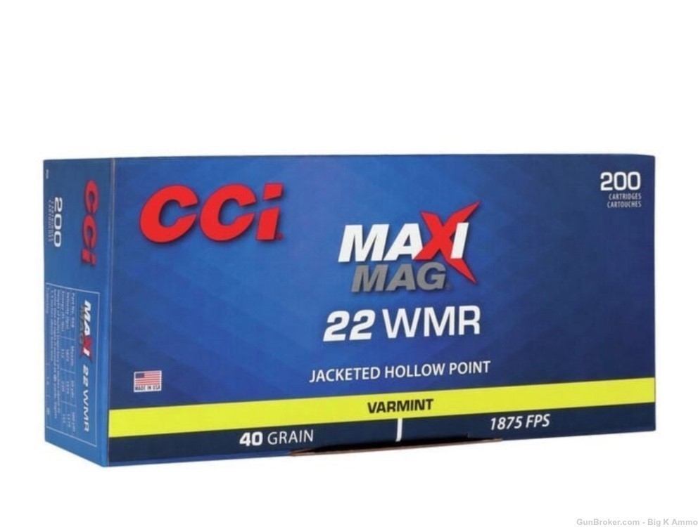 CCI 22 magnum Maxi-Mag 22 WMR 40 gr 1875 fps Jacketed Hollow Point 200 Rds-img-1