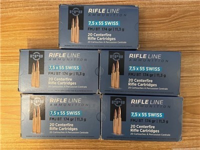 100 Rounds 7.55x55 Swiss 174 Gr, FMJ new PPU, boxer-primed, brass cases.
