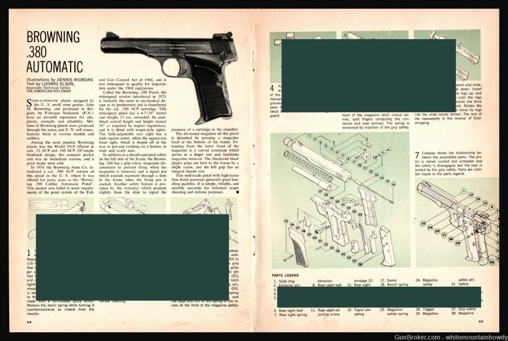 1972 BROWNING .380 Auto Pistol Exploded Parts List Assembly Disassembly Art-img-0