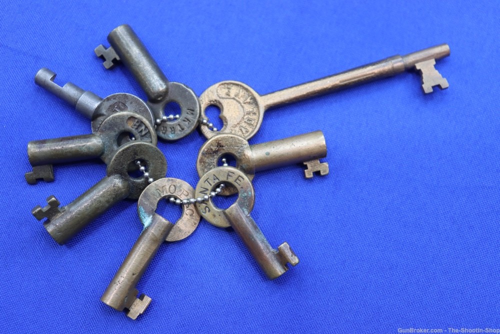 Vintage Lot of 8 US Railroad Lock Brass Skeleton Keys SANTA FE ADLAKE MOPAC-img-7