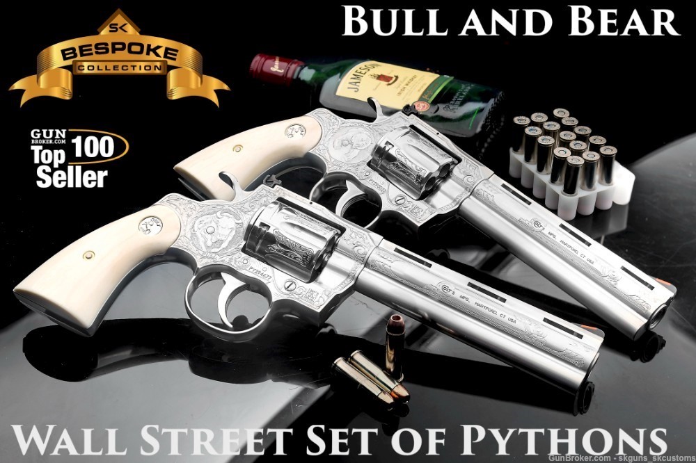 BULL AND BEAR WALL STREET SET OF HAND ENGRAVED PYTHONS (TWO GUNS+EXTRAS)-img-0
