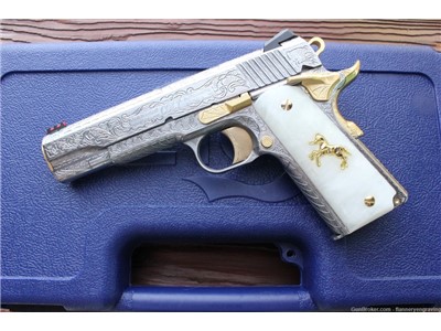 Colt Govt 1911 38 Super NIB FULLY ENGRAVED Polished stainless W/ gold parts