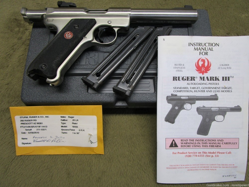 Ruger MK III Target Stainless Steel 5.5" 2 Mags 22LR Box and Instructions -img-1