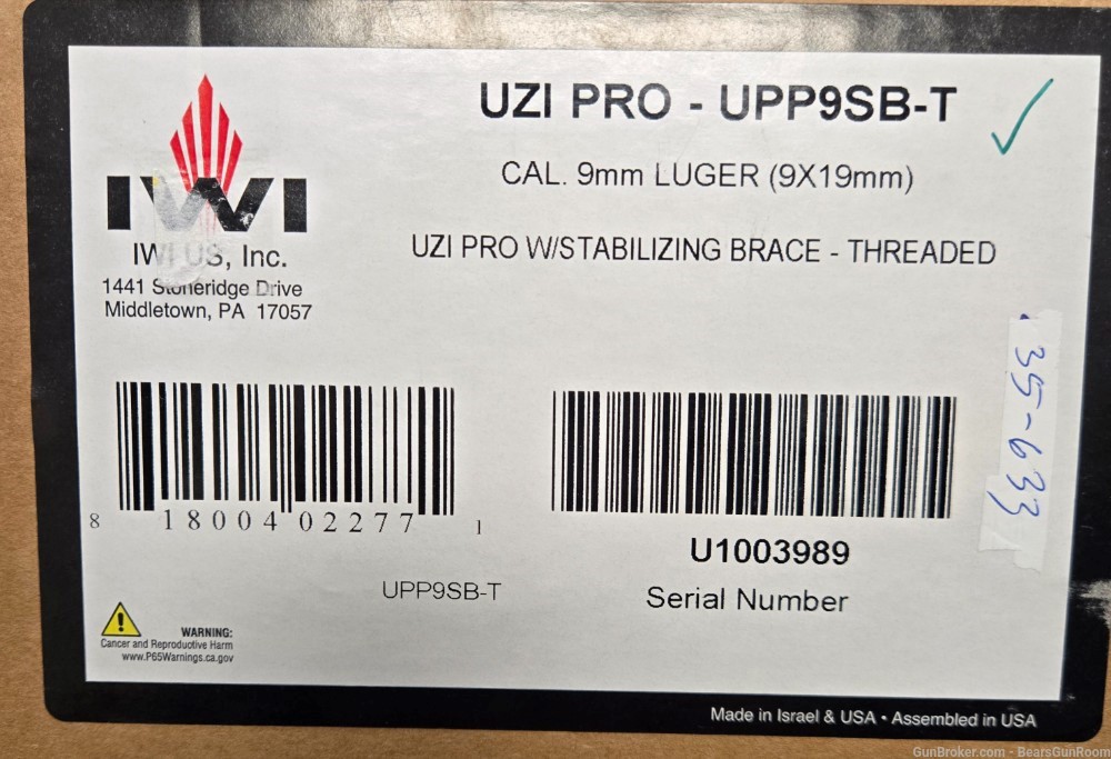 IWI UZI Pro 9mm 4.5" threaded barrel SB Brace NOS -img-5