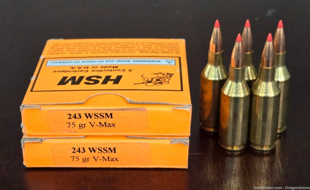 RARE 15 Rds 243 WSSM HSM 75gr V-Max ammo - Winchester Super Short Magnum-img-0