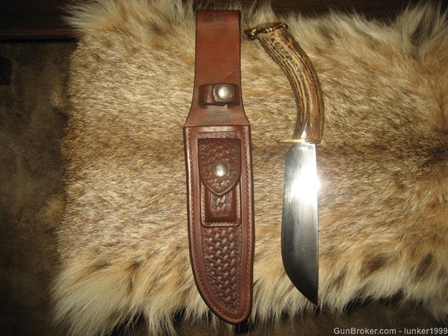 VINTAGE AND VERY RARE GEO.LAWRENCE KNIFE SHEATH/IRONMAN STAG HANDLE KNIFE !-img-0