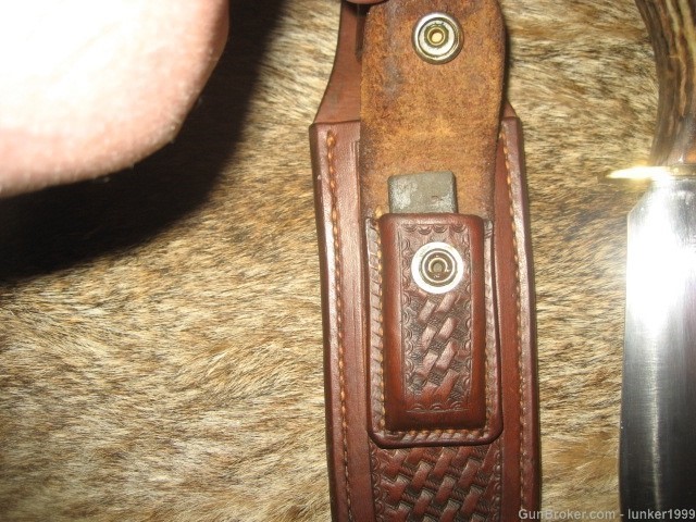 VINTAGE AND VERY RARE GEO.LAWRENCE KNIFE SHEATH/IRONMAN STAG HANDLE KNIFE !-img-3