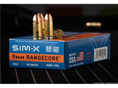 SIM-X 9mm +P RangeCore Ammunition 50 Grain Lead Free FMJ 1000 Rounds