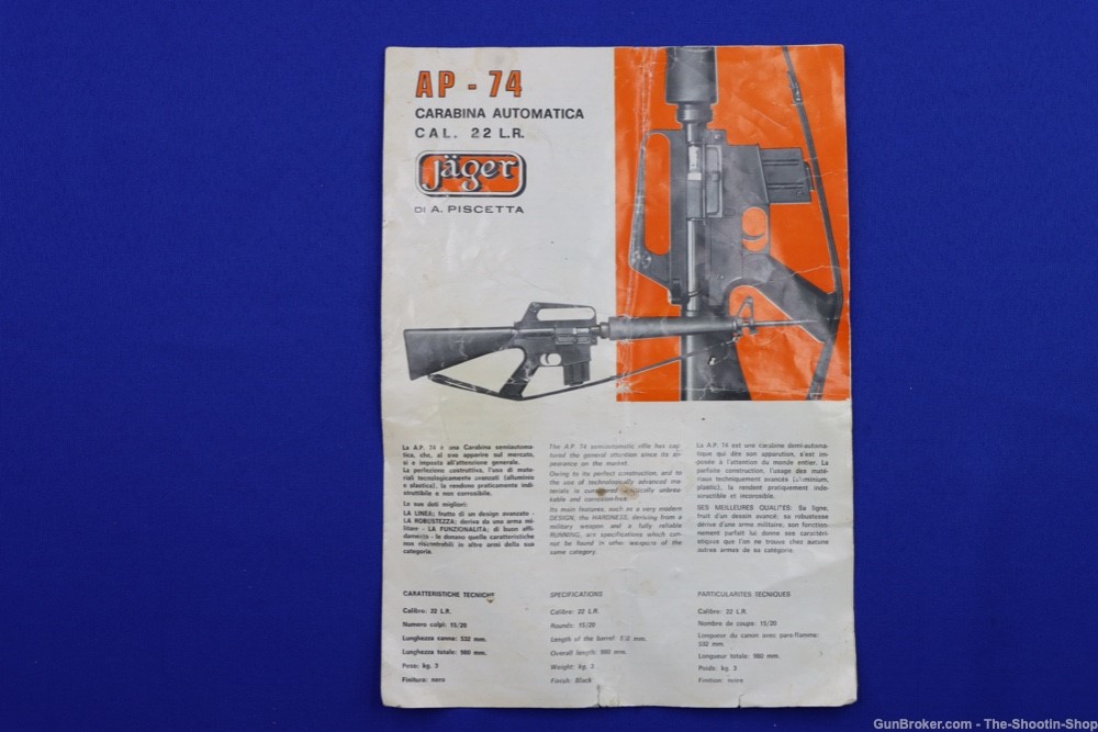 Armi Jager Model AP-74 Rifle 22LR CAL Factory Owners Manual AP74 AR 22 RARE-img-0