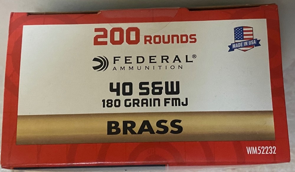 300 Rounds Federal Ammo Total Brass 40 S&W 180 Grain FMJ Brass 200/100 Box-img-1