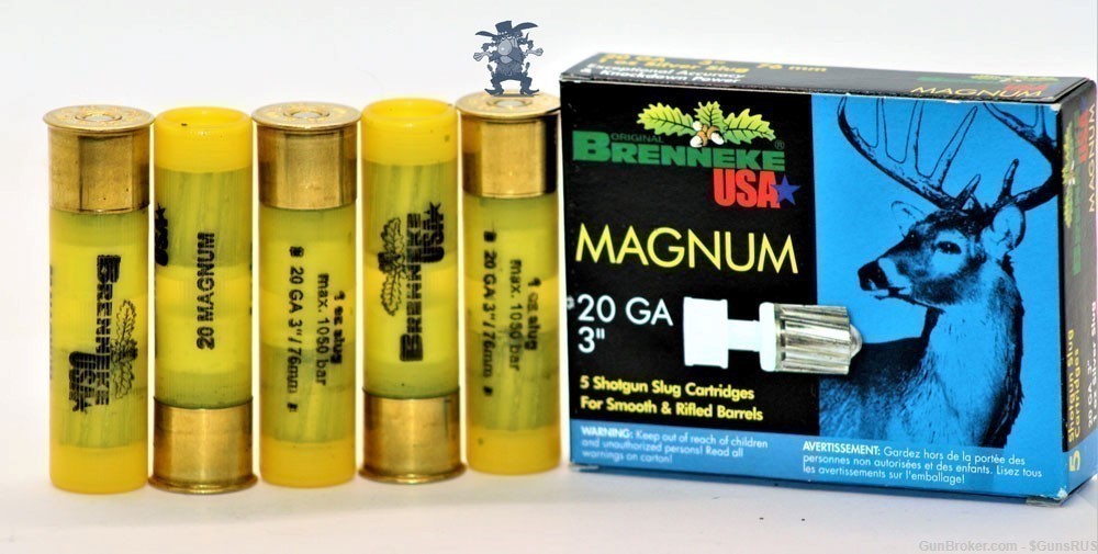 BRENNEKE 20 GA MAGNUM 3" 1oz Silver Slug Smooth & Rifled Bore Slugs 5 Rds-img-1