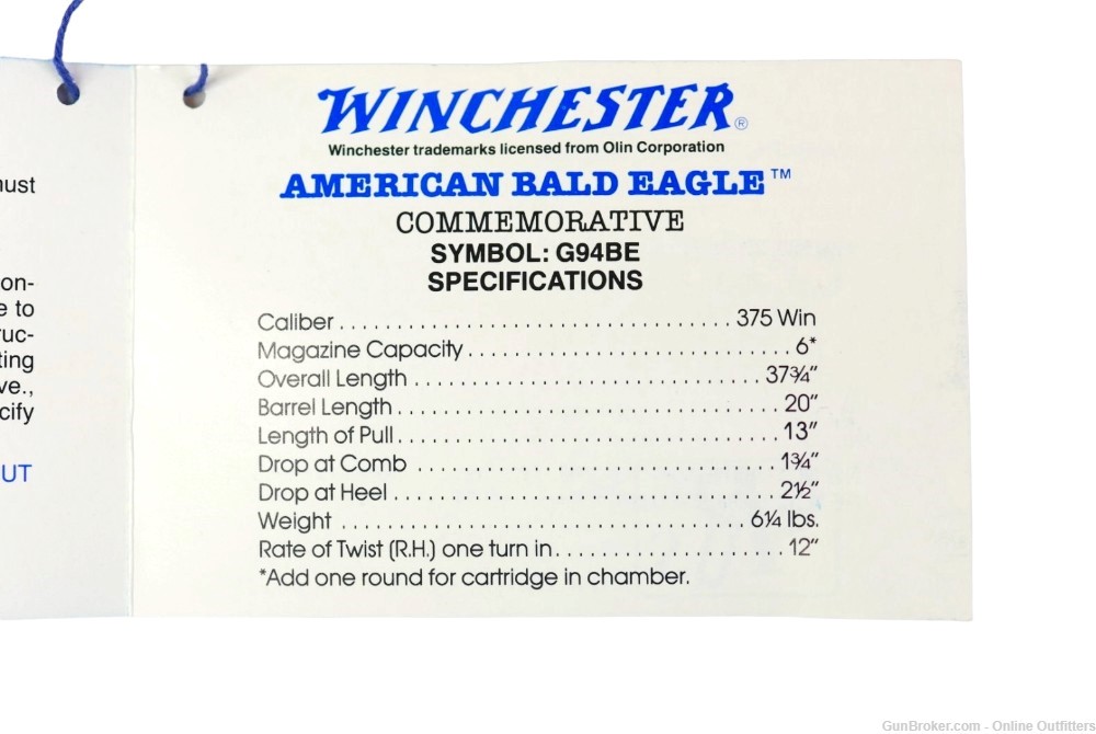 Winchester 94 XTR American Bald Eagle Commemorative 375 Win 20" WLNT Stock-img-14