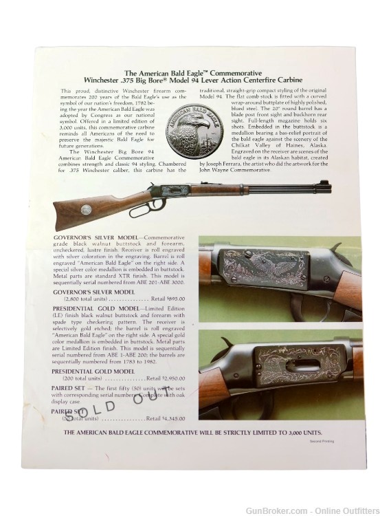 Winchester 94 XTR American Bald Eagle Commemorative 375 Win 20" WLNT Stock-img-18