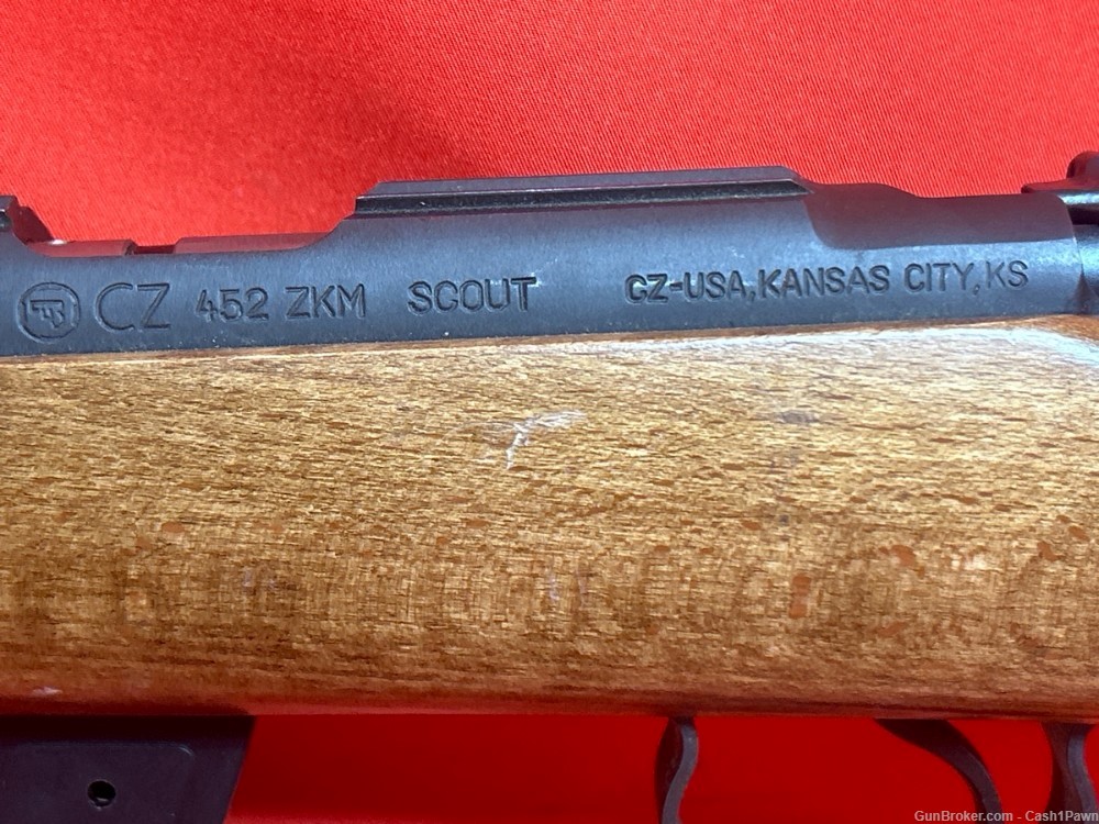 CZ 452 ZKM Scout 22LR, 16" Barrel Blued, Wood Stock (1) 10 Rd Mag-img-2