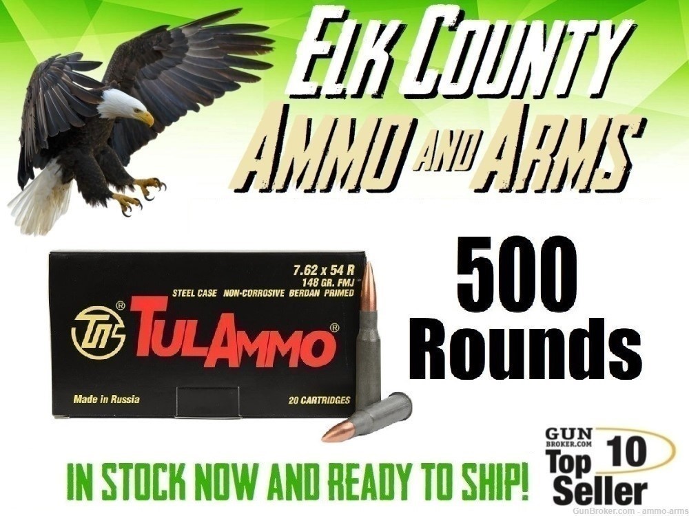 500 Rounds Tula / TulAmmo 148 Grain FMJ 7.62x54r-img-0