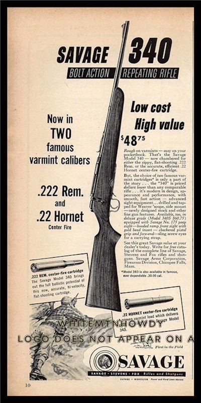 1953 SAVAGE 340 .222 Rem .22 Hornet Rifle PRINT AD-img-0