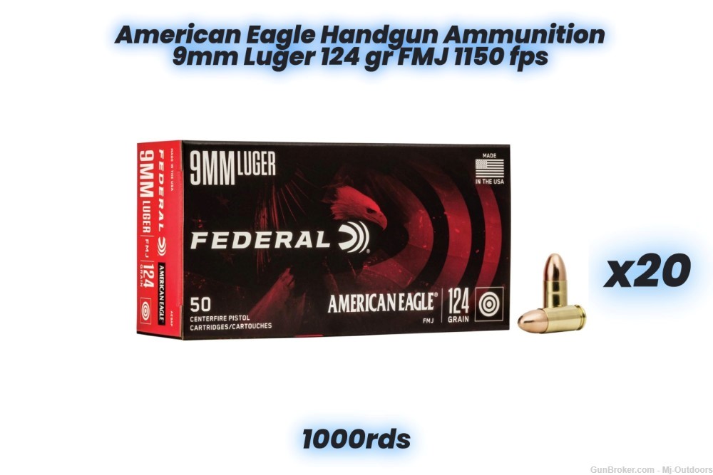 American Eagle Handgun Ammunition 9mm Luger 124 gr FMJ 1150 fps-img-0