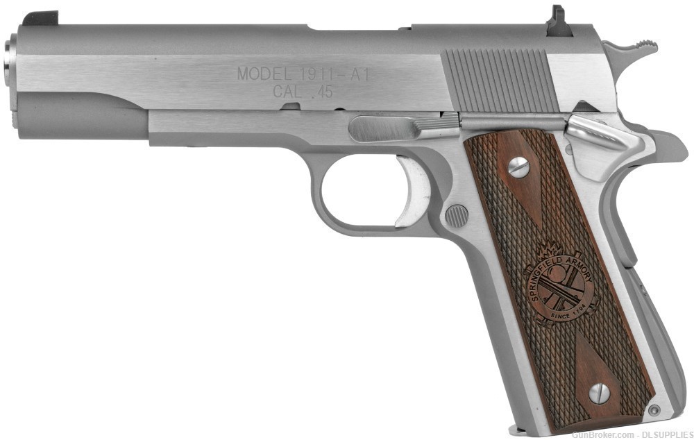 SPRINGFIELD ARMORY 1911 MIL-SPEC STAINLESS FINISH WOOD GRIPS 5" BBL .45ACP-img-1