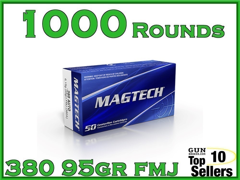 Magtech 380ACP FMJ Brass 95gr Range Target Ammo 380A 1000 ROUND CASE-img-0