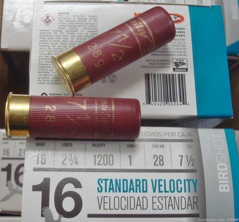 250 Aguila 16 ga Standard Velocity 2 3/4 " Birdshot 7.5 shot Shotgun Shells-img-2