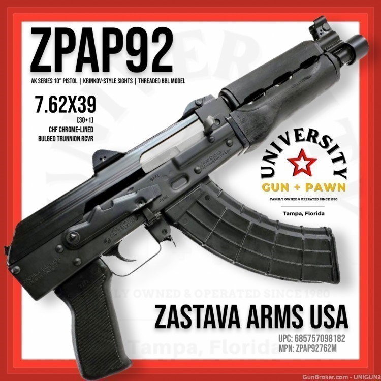 ZASTAVA ARMS ZPAP M92 AK Pistol 10" 7.62x39 685757098182 ZP92762M-img-0