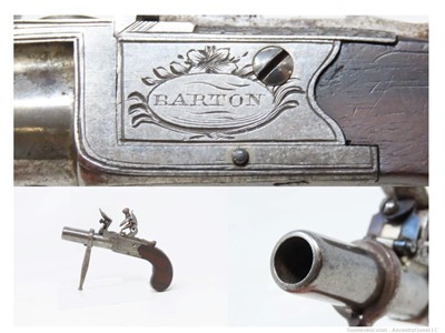 BARTON of LONDON Antique BOXLOCK British FLINTLOCK .44 Pocket/Muff Pistol  