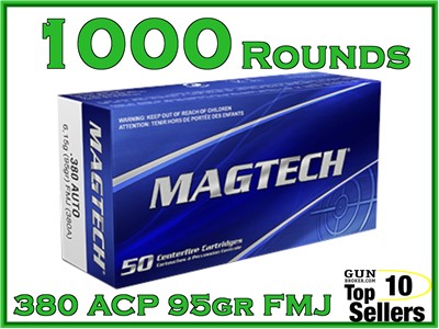 Magtech 380ACP FMJ Brass 95gr Range Target Ammo 380A 1000 ROUND CASE