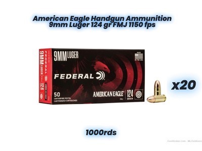 American Eagle Handgun Ammunition 9mm Luger 124 gr FMJ 1150 fps
