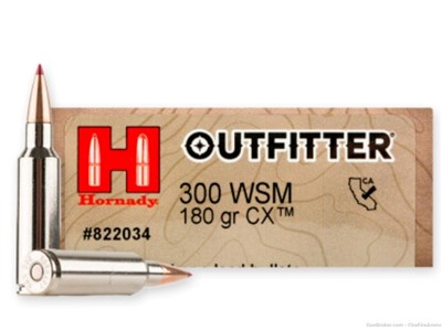 300 WSM hornady outfitters 180 Gr. CX Polymer Tip LeadFree 20 rds no cc fee