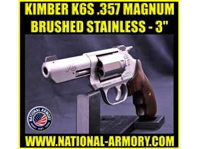  KIMBER K6S 357 MAG 3" BRUSHED STAINLESS 3400016 CHECKERED GRIPS 3 DOT SGT