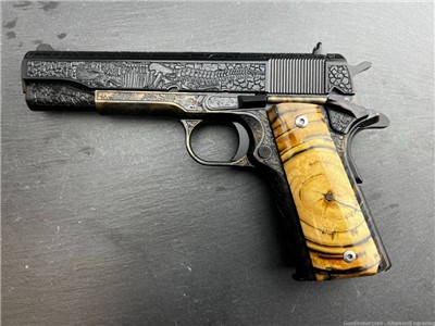 Colt 1911 Engraved Dinosaur-Meteorite, Real Mammoth Ivory Grips by Altamont