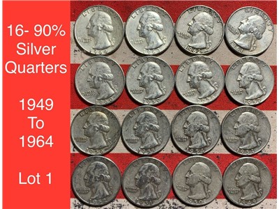 16- 90% Silver 1949 to 1964 Washington Quarters $4 Face Value Coins Lot 1