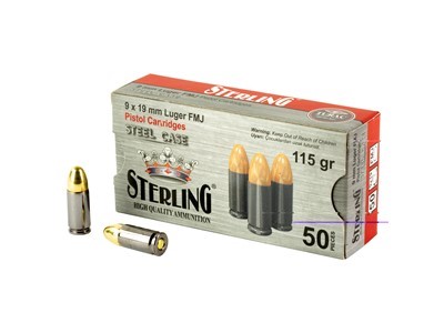 Century Arms Sterling 9mm 115gr FMJ Steel Cased 50 Rounds