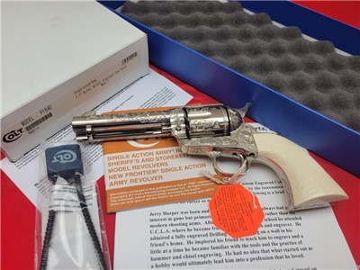 Colt SAA 45 4-3/4" Nickel Engraved by Jerry Harper - Carved Ivory Grips