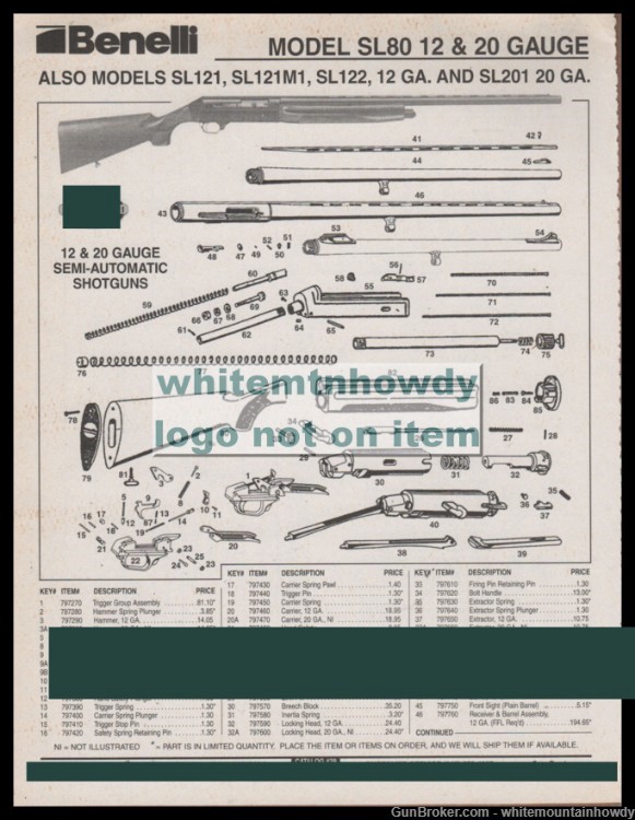 1999 BENELLi Model SL80 12 & 20 gauge Shotgun Schematic Parts List ...